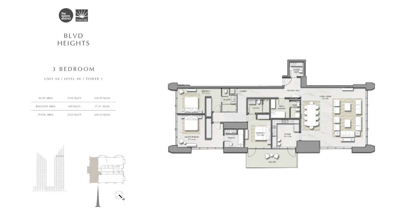 3 Bedroom Unit 04, Tower 1, Size 2525 sq ft